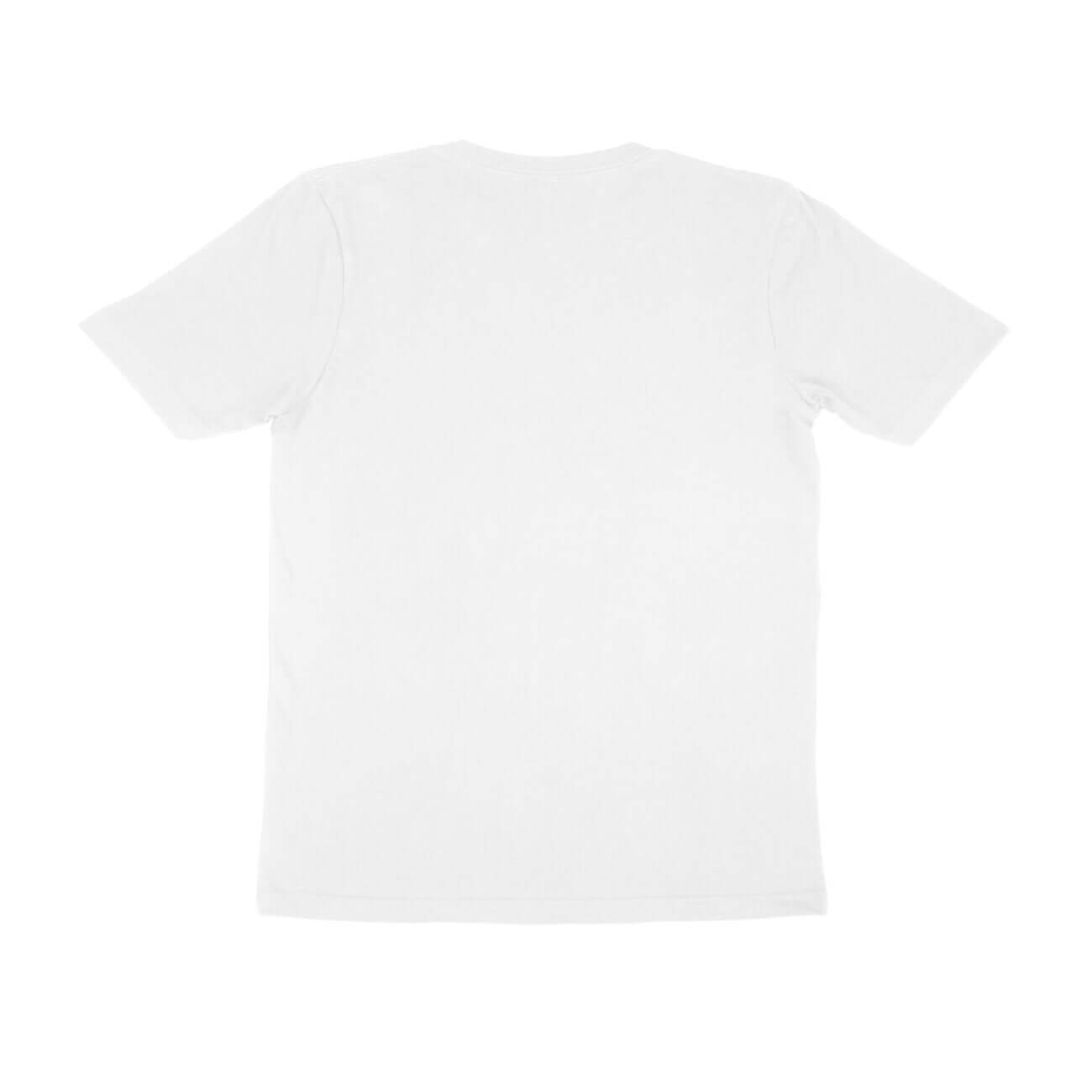 Back view of a plain white unisex t-shirt, made of 100% combed cotton, featuring a regular fit.