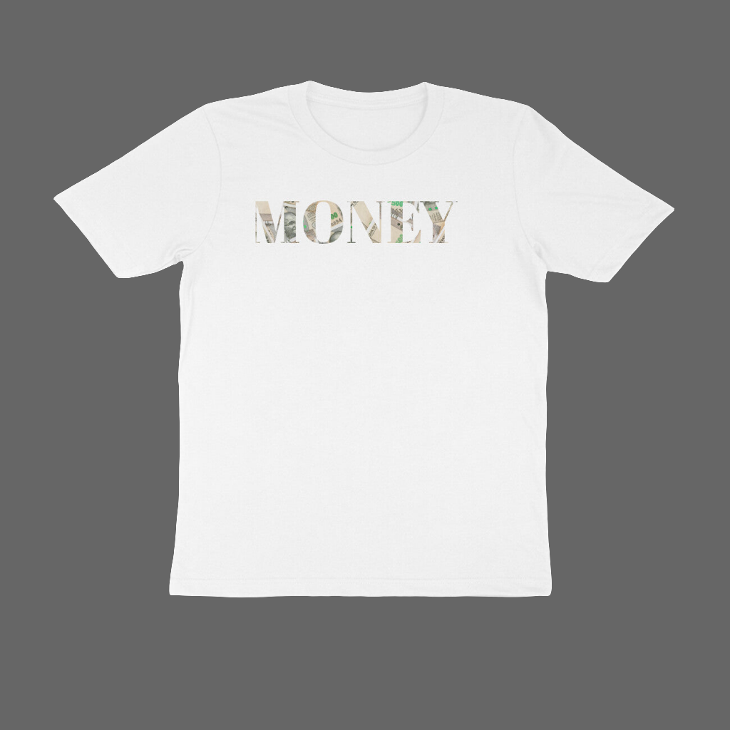 Unisex white t-shirt with 'MONEY' print, made from 100% combed cotton, sustainable and eco-friendly.