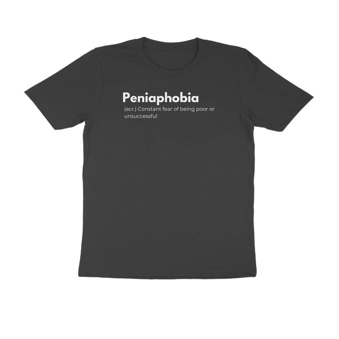 Black unisex t-shirt featuring the word 'Peniaphobia' with its definition printed in white.
